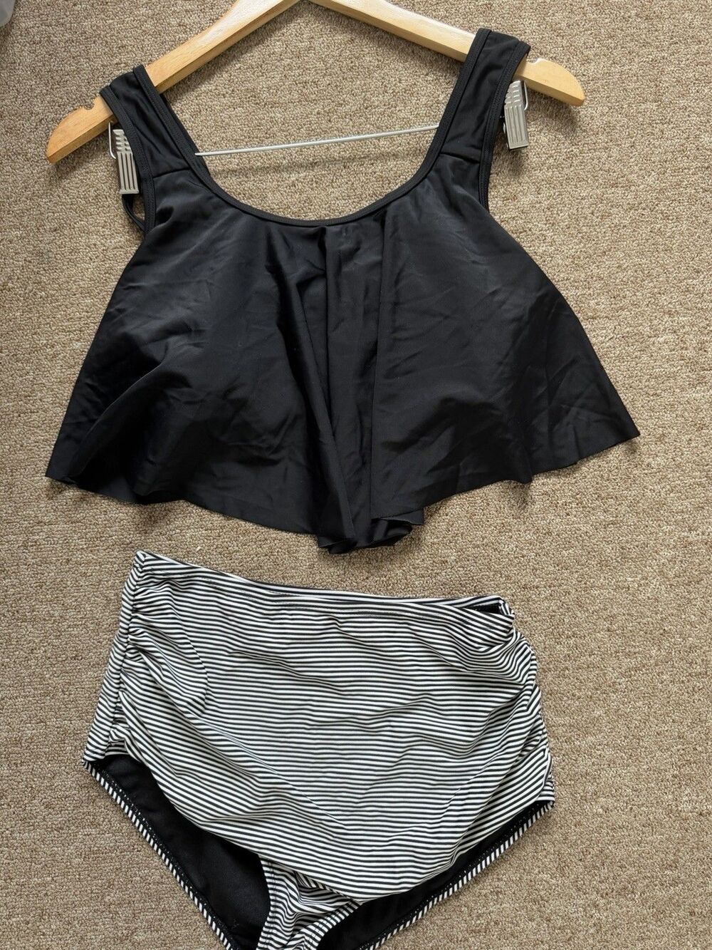 2Piece Tankini Swimsuit Black Ruffle Top Striped High Waist Size S - Picture 6 of 12
